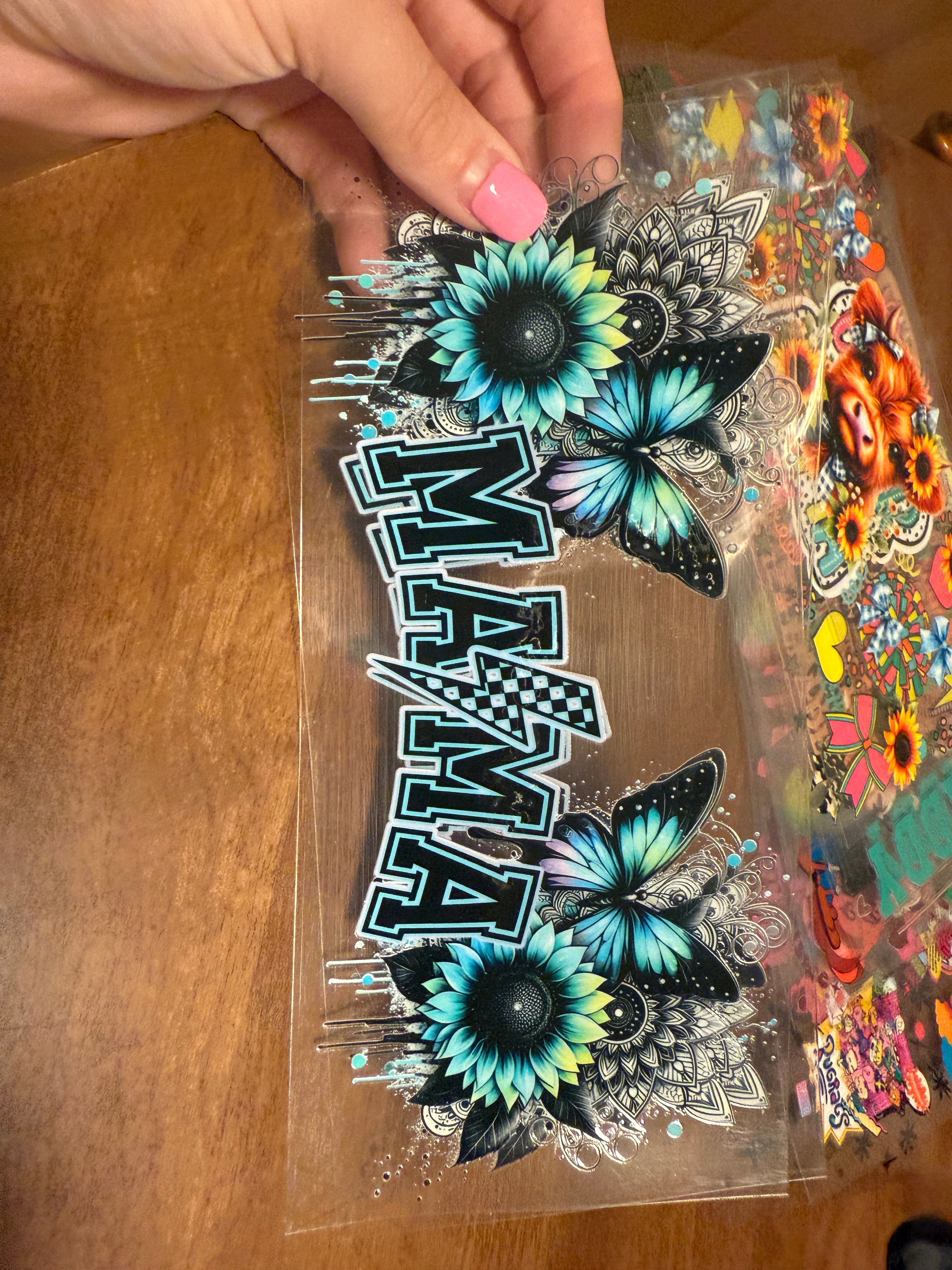 Mama Floral/Butterfly Black and Teal Decal